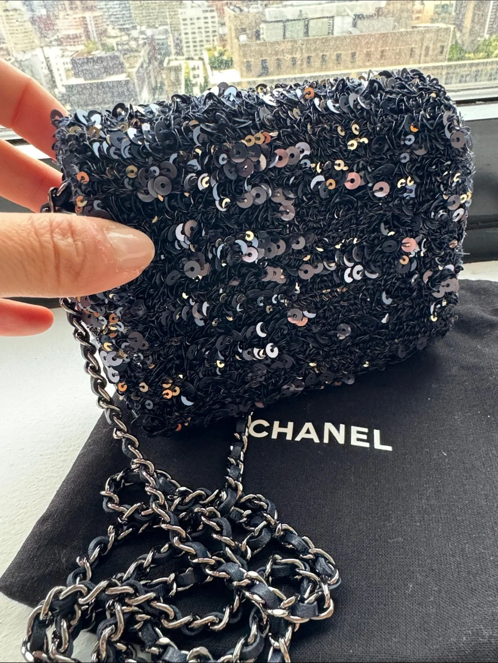 CHANEL Midnight Blue Sequin Mini Flap Crossbody Bag with Silver CC